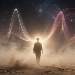 a human emitting an aura walking through a dust storm while normal and exponential curves from the universe flow through them, digital art, trending on art station, many smooth curves, inspiring, high resolution, normal distributions, exponential distributions, graph signals