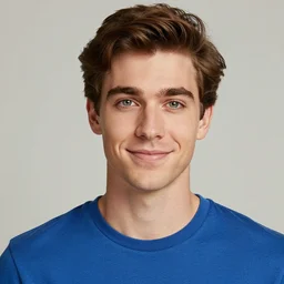 Male with brown hair wearing a blue t shirt, green eyes and a cute smile on his face, Realistic, HDR, Clear Image, HDD,