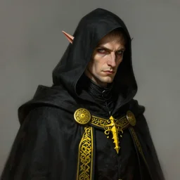portrait of a mysterious and cunning male high elf inquisitorial agent wearing a black hooded agent's cloak with yellow religious filigree, by Raymond Swanland Greg Rutkowski Lise Deharm, intricate, masterpiece, sharp, digital art, ArtStation, CGStation, 8k