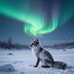 arctic fox sitting in the snow watching aurora borealis, snowblanket, blizzard