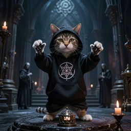 the cyborg cat dressed in hoodie with occult symbols performing magic ritual in a dark gothic temple of antichrist high quality hdr photo art by wayne barlove, greg rutkowski, raphael