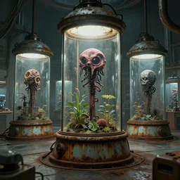 old and rusted desolate futuristic sci fi labs, biological life growing in huge glass chambers, Wadim Kashin, Simon Stalenhag , H.R Giger, dystopian, featured in artstation, octane render, cinematic, elegant, intricate, 8k