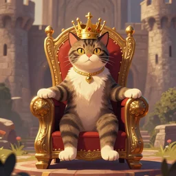 cat crowned sitted on throne, castle environment, digital art