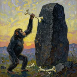 bright beautiful oil painting of primitive apes throwing bones at a giant black monolith at dawn, light scatter, van gogh