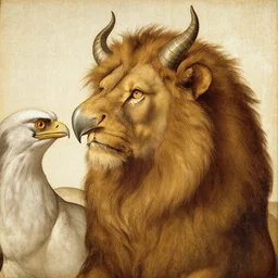 a creature, eyes of a man, beak of an eagle, no nose, the mane of a lion, two horns, drawn by da vinci