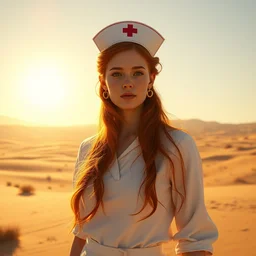 portrait of a nurse with long red hair, blazing sun, in a huge desert, fantasy by emile friant, octane render