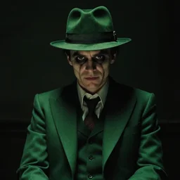 film still of Paul Dano as Riddler in a green suit and tie and green fedora in a dark room in The Batman, 4k, dark lighting!!!!, film noir, grainy, dark tone