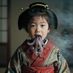 realistic portrait photography of a cyborg robot japanese geisha 3 5 years old by daikichi amano, short hair, worms and squid coming out of the mouth, cinematographic, cinematic light, grainy image, intense, a bit of smoke and fog around, filth and grim, 8 0 mm lens,