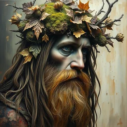 portrait of a druid with intricate detailed color smashing fluid oil paint and acrylic, dried moss and dried autumn leaves headdress, melting wax, mycelia, abstract impressionism, ruan jia, dark fantasy, hyper detailed, concept art, by gustav klimt, hyperrealistic portrait