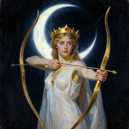Artemixel, the modern reincarnation of the old selenium god of hunt and moon (Selene), also known as Artemis, carrying the crown of the crescent moon. Golden bow and arrows surround her, and she is crowned by a bright and slightly bluish crescent like the brightness of the night. Portrait by Zdzislaw Beksinski, oil on canvas.