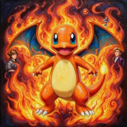 high intricate glimmering 3 d painting!!! of one charmander!!!!! surrounded by fire!!!, neil gaiman, ( ( alejandro mirabal ) ), ( ( cory loftis ) ), patryk stefaniak, rebecca hu!!, ben mauro, logan preshaw!!, trending on artstation