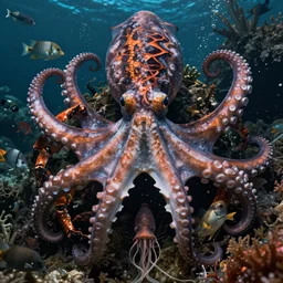 hyper realistic photography of intricate deep sea fish crab octopus medusa squid hybrid cinematic, symmetric detailed,
