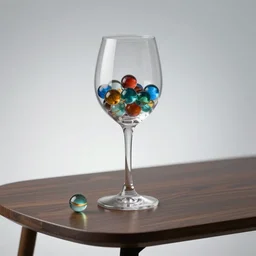 marbles in a wine glass, standing on a coffee table, 4K studio photo