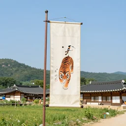 flagpole, hanging silk scroll, tiger, magpie, korean countryside