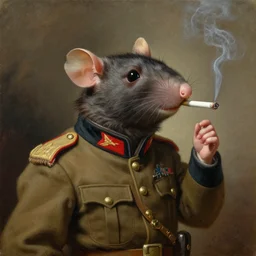 oil painting of an anthropomorphic rat in military uniform, smoking cigarette, amazing detail, painted by rembrandt