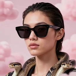 3 d close - up, fashion model in sunglasses, pink clouds background, snakes, hyper detailed, photo realistic, vouge style photo, drop of clean water, artwork by tooth wu and wlop and beeple and greg rutkowski