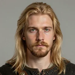 half - length portrait of a 3 5 - year - old human male noble with long blonde hair and green eyes, handlebar mustache, medieval setting, detailed face, highly detailed, artstation, concept art, sharp focus, by greg rutkowski, craig mullins, kenne gregoire