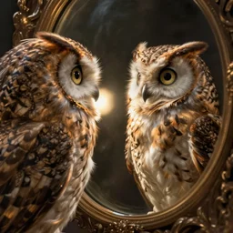 owl lady looking at mirror