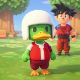 green duck villager in animal crossing wearing a white helmet! dream goku in red dead redemption 2, a screenhot from a game, rdr 2