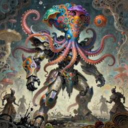 asura from chinese myth, ghost, mecha, wearing a colourful octopus and flows as a hat, a incredible concept design, gorgeous and huge head ornaments, organic fractal mycelum and fungi, a dreamland of chinese warrior, 4 k post processing, fascinating, dire, frantic, mould disintegrating into black dripping ink and slime, painted by mucha, zdzislaw, tyler jacobson, noah bradley, james paick