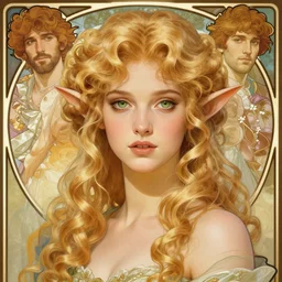 portrait of an elf princess, beautiful blonde curly hair and green eyes, very detailed, amazing quality, stunning, rebecca guai, alphonse mucha and photo ilya kuvshinov, alexey gurylev, artstation, pixiv, digital art, rtx reflection