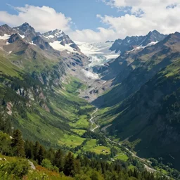 epic mountain view, monumental mountains, green valleys with trees, glacier, digital painting, realistic render, 4k, 8k, photography, unreal engine