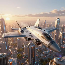 a futuristic massive jet flying over a futuristic 2060 city at sunset, 3d octane render
