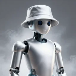 photo, a hypebeast silver anroid robot wearing a bucket hat and hypebeast clothing, volumetric lighting, smoke, backlit, edge lighting