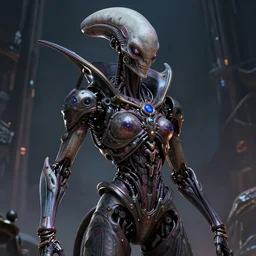 beautiful evil fantasy character portrait, sci fi space alien, ultra realistic, cyborg, wide angle, intricate details, the fifth element artifacts, highly detailed by peter mohrbacher, hajime sorayama, wayne barlowe, boris vallejo, aaron horkey, gaston bussiere, craig mullins