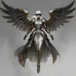 a highly detailed illustration of white haired pale lady wearing dieselpunk armor dress with iron wings and blindfold!!!!!!!!!!!!, dramatic floating pose, intricate, elegant, highly detailed, centered, digital painting, artstation, concept art, smooth, sharp focus, league of legends concept art, wlop