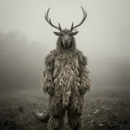 portrait photography of tyrolean farmer wearing dragon costume, antlers on head, fog, clothes made from hay, desaturated, fog, dark, eerie, 1 9 2 0 s ghost photography