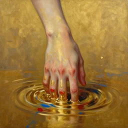 abstract oil matte portrait painting, hand submerged in a golden liquid partially covered, red dollops, blue strains, wonderful masterpiece highly detailed, beautiful cinematic light deep focus, elegant, smooth, sharp focus, golden ratio, dramatic illumination, ultra realistic, 8 k, art by kristina alisauskaite and caravaggio