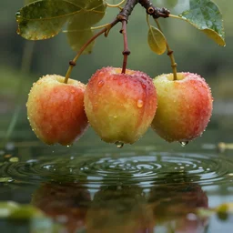 close up a few low hanging fruits over a pond, by james gurney, low angle shot, concept art, intricate, hyper detailed, volumetric lighting, sharp focus, octane render, trending on artstation, 8 k
