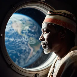 analogue photo of an African tribal chief looking out the porthole window of a spaceship with planet earth in its reflection, close-up, NASA, photo shot by martha cooper, 35mm,