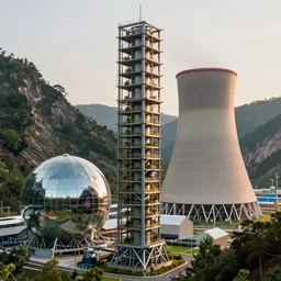 vertical farm towers next to sci - fi nuclear cuboid glass power plant in a steep sided valley with trees, a sense of hope and optimism, hyper realistic, high res, 4 k, warm light, edouard groult, bynde, kirill leonov, isaac zuren