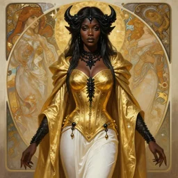 Full Portrait of a Holy Necromancer, black female, visible pretty face, beautiful, golden robes, white pants, exquisite black accessories, golden corset, highly detailed, smooth, sharp focus, digital painting, illustration, fantasy, by Krenz Cushart and Artem Demura and alphonse mucha, artstation, cgsociety