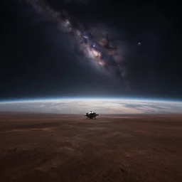beautiful landscape of an alien planet with spectacular astronomical sky with a planet on the horizon, a lonely landed spaceship stands lost in the loneliness matte painting, cinematic, dramatic atmosphere, detailed, atmospheric, wide angle, artstation trending