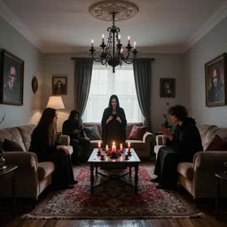 a real estate home interior photo. a satanic ritual in the living room.