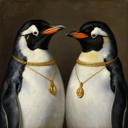 portrait of two royal nobility penguins wearing gold necklaces, oil painting by jan van eyck, northern renaissance art, oil on canvas, wet - on - wet technique, realistic, expressive emotions, intricate textures, illusionistic detail,