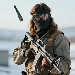 Jesus holding an assault rifle, wearing a ski mask, photorealistic, 4K