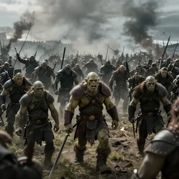 an army of orcs on a battlefield, extremely realistic movie scene