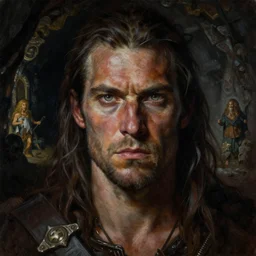 a highly detailed painting of a rugged barbarian with piercing eyes, dimly lit dark tomb by marc simonetti and michael whelan and gerald brom