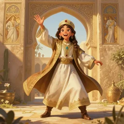 clear portrait of moroccan warrior, adorable appearance!!!, golden hour, happy apearance, cottagecore!!, background hyper detailed, character concept, full body, dynamic pose, intricate, elegant, highly detailed, digital painting, artstation, concept art, smooth, sharp focus, illustration, art by artgerm and greg rutkowski and alphonse mucha