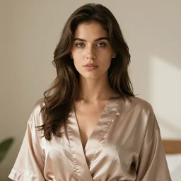 a portrait of a stunning brunette wearing a silk robe, morning lighting, studio, shallow depth of field