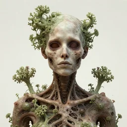a beautiful detailed front view portrait of a rotten woman corpse with fractal plants and fractal flowers and mushrooms growing around, intricate, symmetrical, ornate, ornamentation, illustration, in the style of art nouveau
