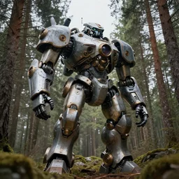 steampunk colossal mech battlerobot standing a swedish forest very low angle photograph trending on artstation