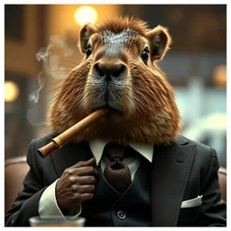 an accurate capybara wearing a suit smoking a cigar, cinematic, still shot from a movie