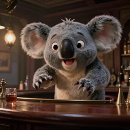 movie frame still from live action koala vampire attacking the bar 8 k ultra wide angle zenith view greg rutkowski kim dreamworks ilm oscar winning photography grain dramatic lighting sharp focus