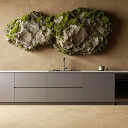 kitchen, contrast by moss and rock, octane render, trending on artstation, very rough sand on wall, flooring made of hard sand