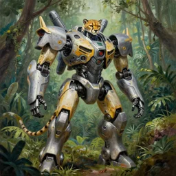 a robotic anthropomorphic humanoid spotted cheetah mecha posing in a jungle, moebius, mecha art, national geographic, 4 k, 8 k, highly detailed, sharp, oil on canvas